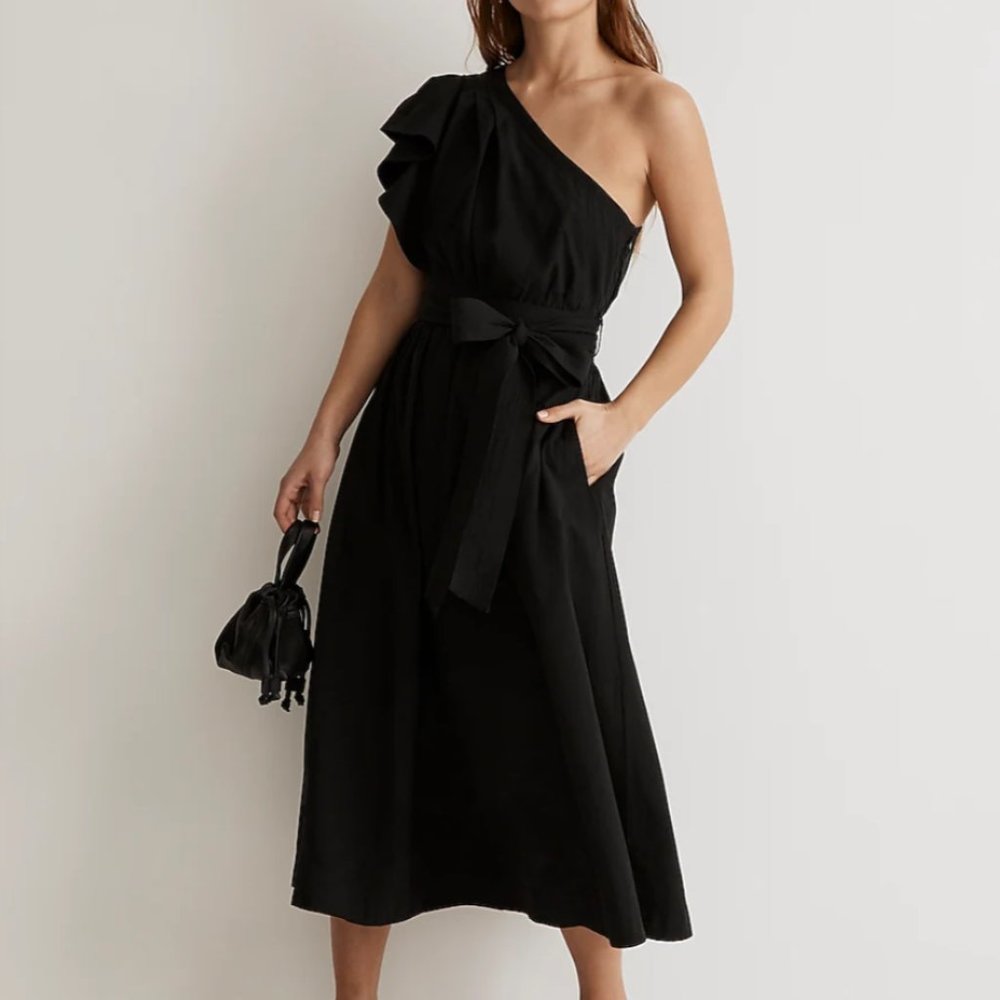 Ruffled One-Shoulder Midi Dress Black